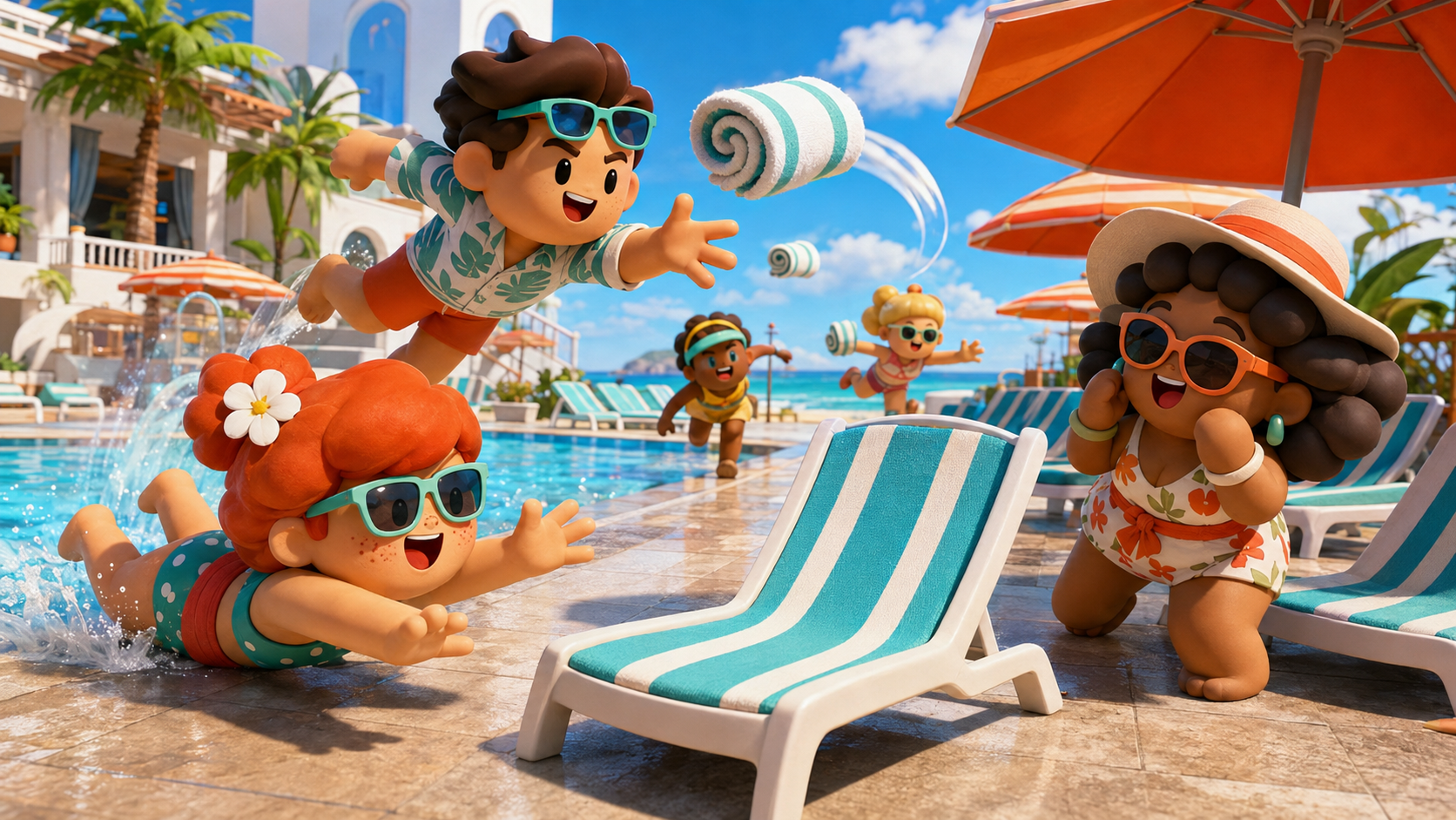 Holiday guests racing for an empty chair while towels fly across a pool
