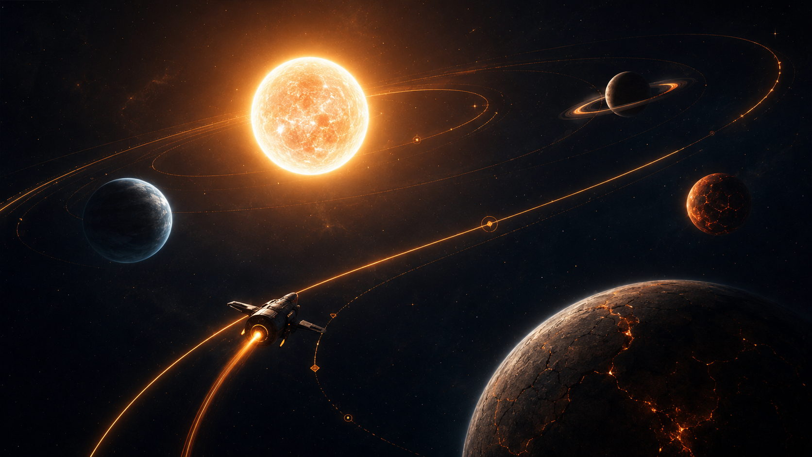 A racing ship tracing a glowing route between planets